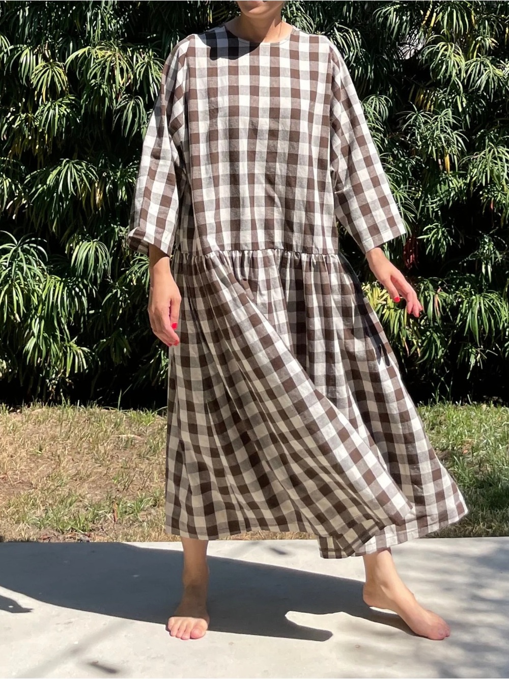 Brown and White Gingham Long Sleeve Midi Dress